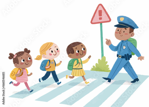 Children crossing the street with a police officer and a warning sign near a crosswalk illustration