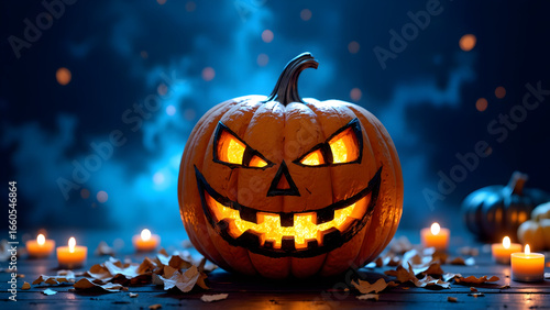 Glowing Jack-o’-Lantern Pumpkin with Candles and Autumn Leaves in Dark Spooky Atmosphere – Halloween Decoration and Festive Holiday Background
