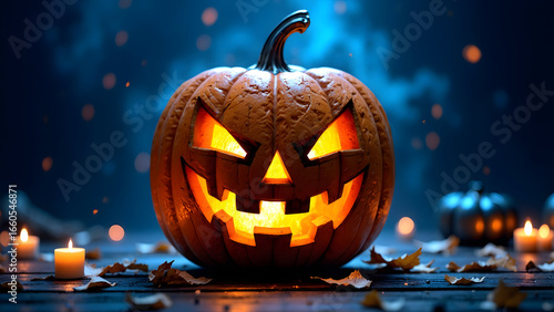Glowing Jack-o’-Lantern Pumpkin with Candles and Autumn Leaves in Dark Spooky Atmosphere – Halloween Decoration and Festive Holiday Background