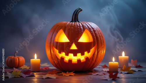 Glowing Jack-o’-Lantern Pumpkin with Candles and Autumn Leaves in Dark Spooky Atmosphere – Halloween Decoration and Festive Holiday Background