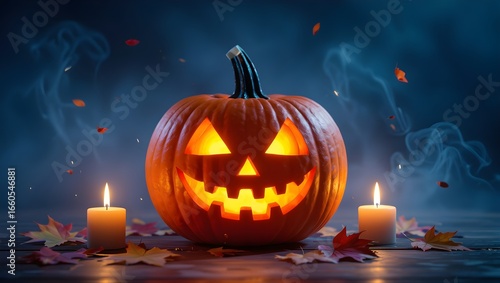 Glowing Jack-o’-Lantern Pumpkin with Candles and Autumn Leaves in Dark Spooky Atmosphere – Halloween Decoration and Festive Holiday Background
