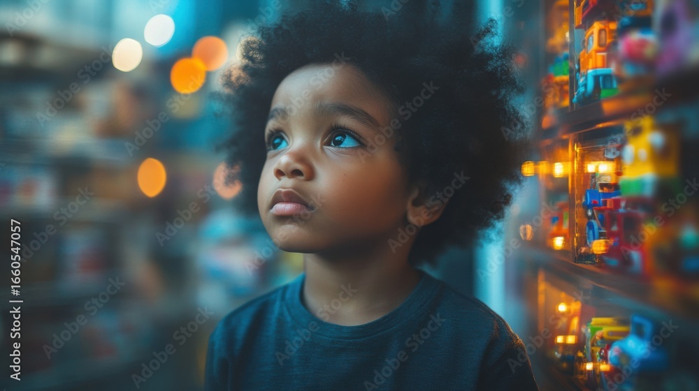 Child staring into storefront filled with toys, parents walk away - subtle protest against consumerism shaping young minds. Buy Nothing Day concept