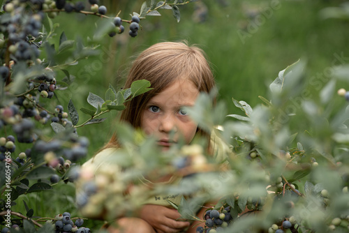 a close-up portrait of a child peeking through a bush of berries