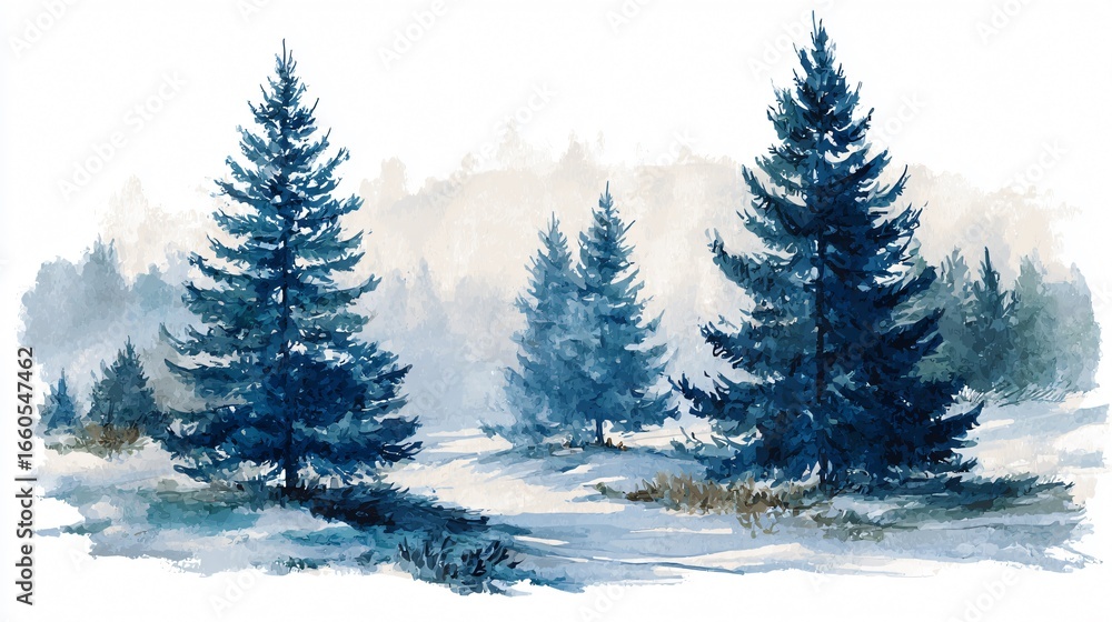 Fototapeta premium Detailed Watercolor Illustration of Coniferous Spruce Trees in Nature