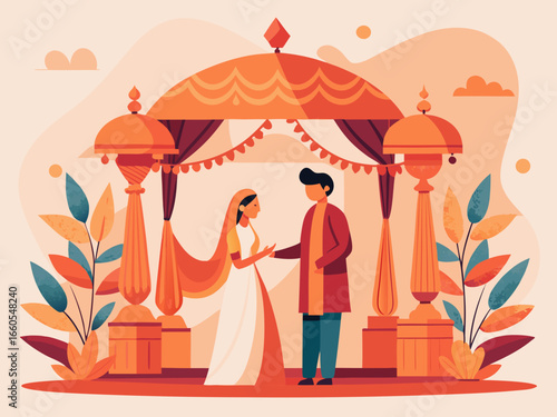 Illustration of a bride and groom at an indian wedding mandap with orange and cream color scheme art