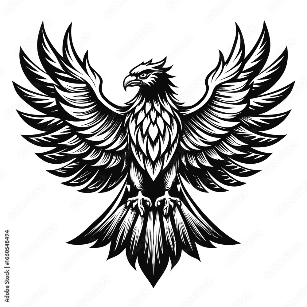 Obraz premium Majestic Black and White Heraldic Eagle Illustration with Outstretched Wings