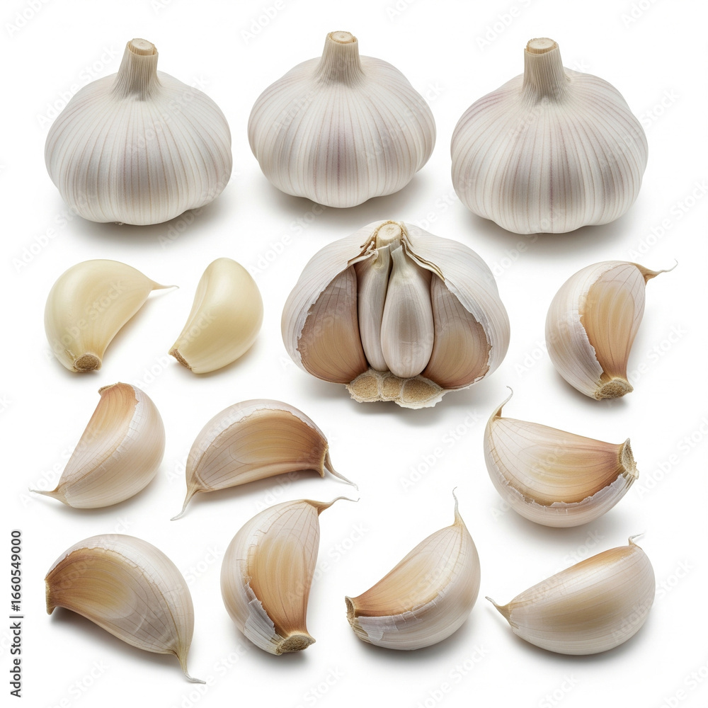 Fototapeta premium A versatile and detailed collection of fresh garlic cloves, featuring both peeled and unpeeled cloves, meticulously isolated on a pure white background with a clean clipping path copy
