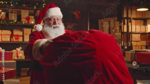 Santa Claus Packing Gifts in His Red Bag at Workshop