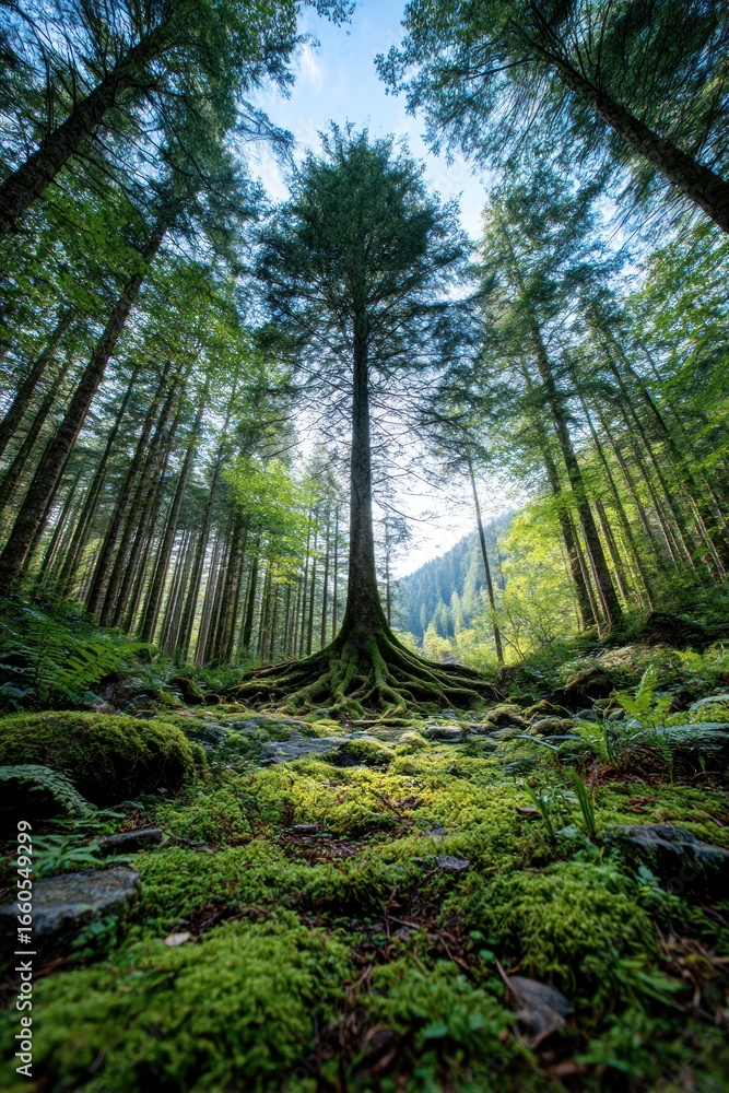 Obraz premium Lush forest canopy, towering tree