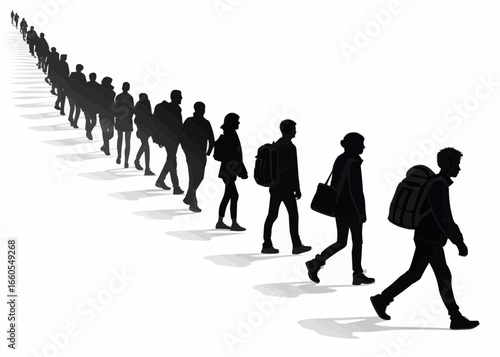 Silhouette illustration of a long line of people walking away into the distance on a white background