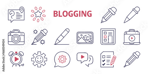Set of 40 minimal line icons for blogging and digital content