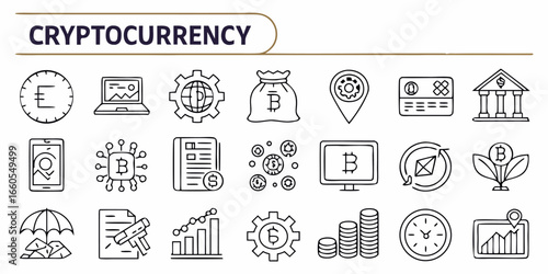 Minimal line icons for cryptocurrency and blockchain technology