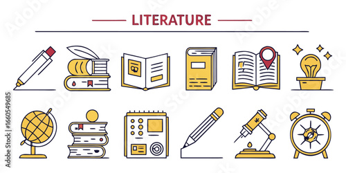 Set of 40 minimalist line icons with a literary theme