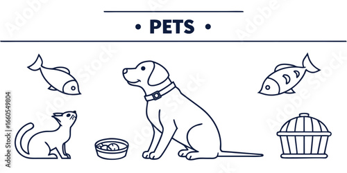 Collection of 40 minimal line icons featuring various pets and pet related objects