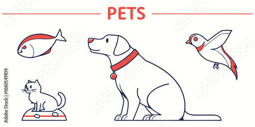Collection of 40 minimalist line icons featuring various pets and pet related items