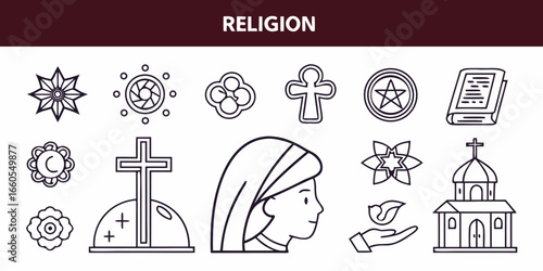 Set of 40 minimal line icons themed around religion and spirituality