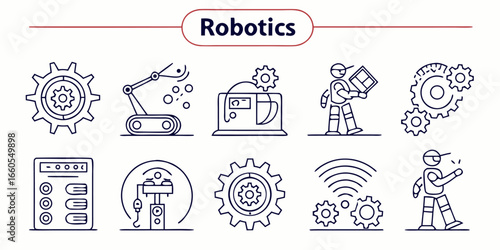 Minimal line icon set featuring robot and technology themes