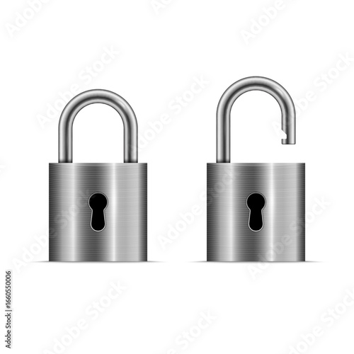 Two silver metallic padlocks, one locked and one unlocked  isolated on white background, Vector illustration