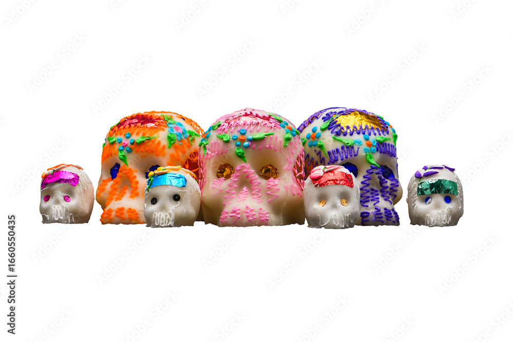 Fototapeta premium Dia de Muertos Seven Sugar Skulls Three Large Four Small Transparent Background