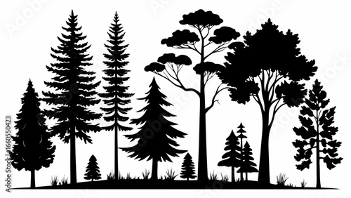Silhouette illustration of a diverse group of trees including evergreens and deciduous trees in a forest