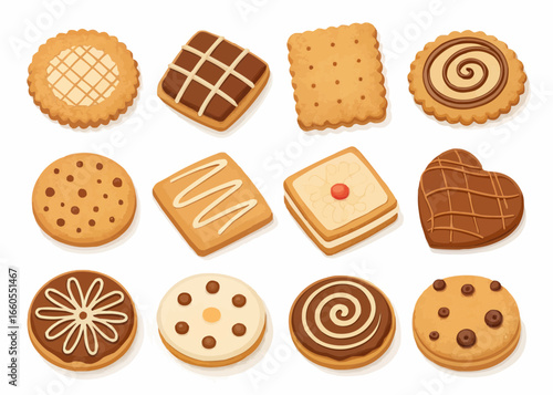 A collection of twelve assorted cookies with different shapes and decorations displayed on a white background