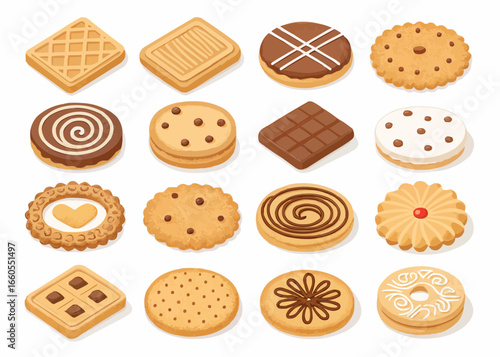 Isometric assortment of cookies featuring various shapes flavors and decorations on a white background