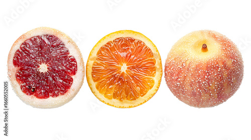 Fresh red grapefruit halves isolated on a white background, showcasing their juicy and vibrant pink color