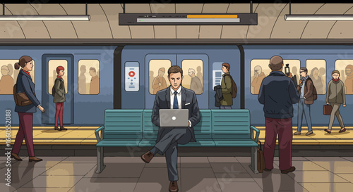 Businessman Working on Laptop at Subway Station Platform.