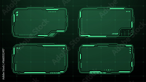 Four futuristic green heads up display frames with grid background. Vector graphic interface element for digital technology.