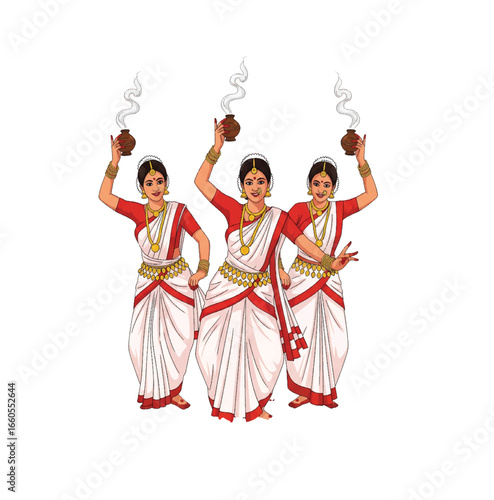  Joyful Dhunuchi Dance Performance at Durga Puja. A vibrant and detailed vector illustration of three Bengali women performing the traditional Dhunuchi dance.