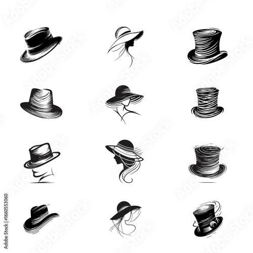 hat triumph men women with veil top hat noodle style set black silhouette vector