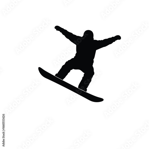 Black silhouette of snowboarder mid air white