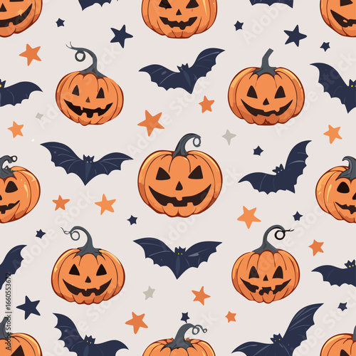 Vintage seamless pattern with Halloween pumpkins carved with spooky faces, dark bats, and stars on a light background. Retro cartoon hand-drawn style