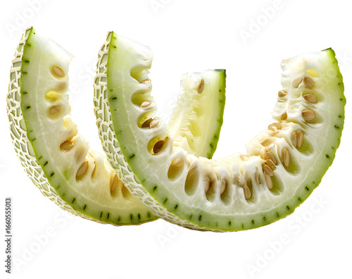 Slices of juicy kiwi and melon fruits, isolated and fresh on a white background
