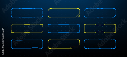 Set of blue and yellow hud vector graphics with futuristic frames. Digital user interface design elements for technology concept.