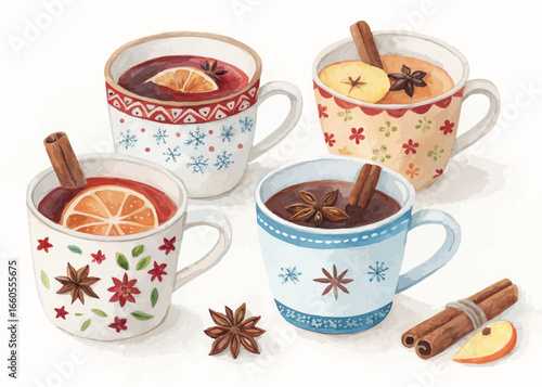 A collection of four mugs filled with mulled wine garnished with fruit and spices on a white backdrop
