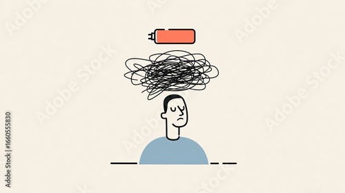 A Simple Illustration Depicting Mental Overload A Person With A Tangled Mass Of Thoughts Above Their Head, Symbolizing Stress And Anxiety, Against A