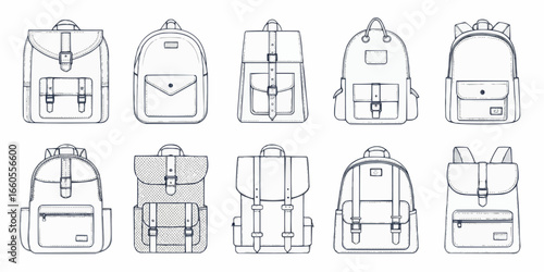 Illustration of ten backpacks with various styles and strap configurations in a line art format