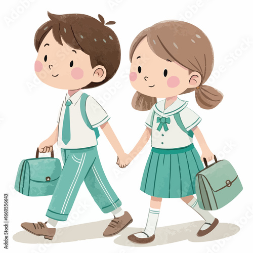 Illustration of two smiling school children walking hand in hand wearing school uniforms and carrying bags
