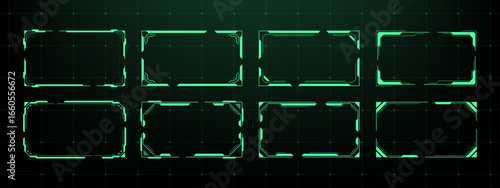 Fututistic hud frames set. Cyber user interface border. Digital game display elements. Sci fi technology dashboard screen.
