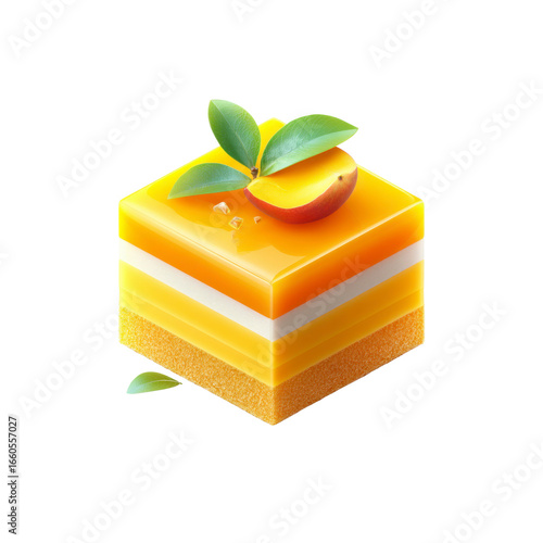 Delicious Layered Peach Dessert Cube with Fresh Mint Garnish