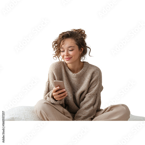 Young woman with curly hair smiles while looking at her phone, comfortably relaxing on a soft surface wearing a cozy sweater.