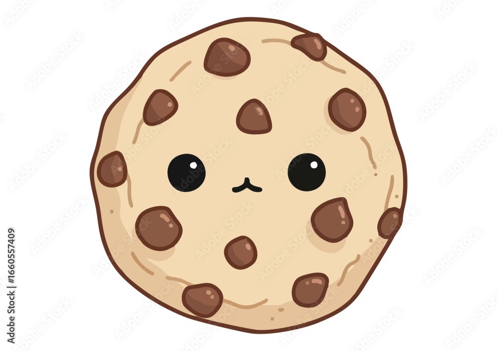Fototapeta premium Cute chocolate chip cookie illustration with a happy expression on white background 