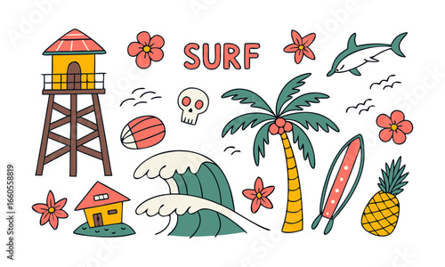 Colorful Retro Surfing and Beach Vector Illustration Set, lifeguard tower on the beach, surfboards, ocean waves, shark, skull with lighthouse, palm trees, flowers, flamingo, easily editable.