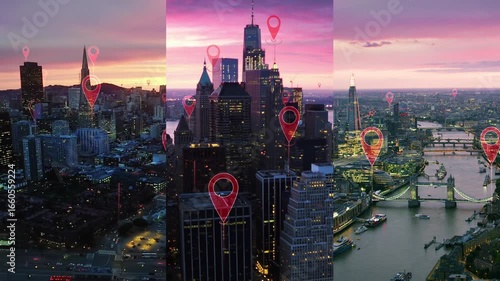 Futuristic Aerial City Skylines With Location Markers Highlighting Global Connectivity, Smart Technology, GPS Navigation And Networks For Communication Tracking. London, New York and San Francisco.