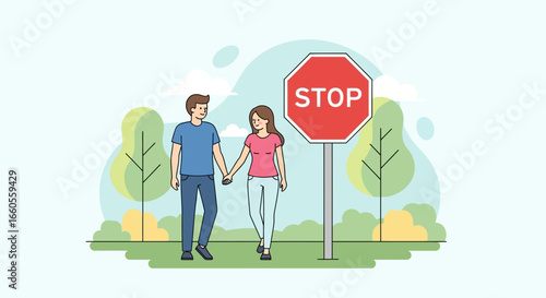 A couple walking hand in hand past a stop sign, symbolizing relationship boundaries and choices in life journeys and romance
