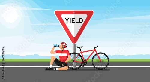 A cyclist takes a water break next to a yield sign on a sunny day during a bike ride
