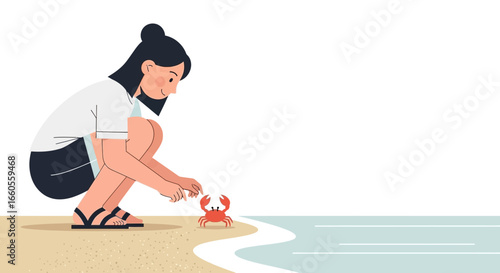 A Day At The Seaside Woman Interacting With A Tiny Crab On The Shore