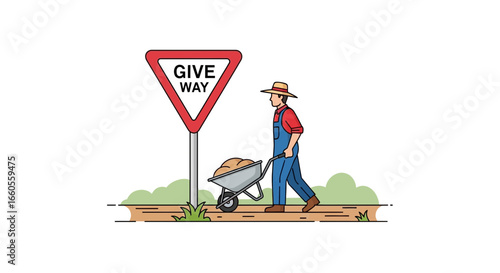 A farmer working on the farm next to a give way sign vector illustration