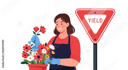 A florist arranges flowers while a yield sign stands nearby with a gentle breeze blowing with a gentle smile and feeling of calmness and joy